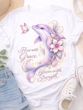 White Tee with Pastel Purple Dolphin & Floral Print